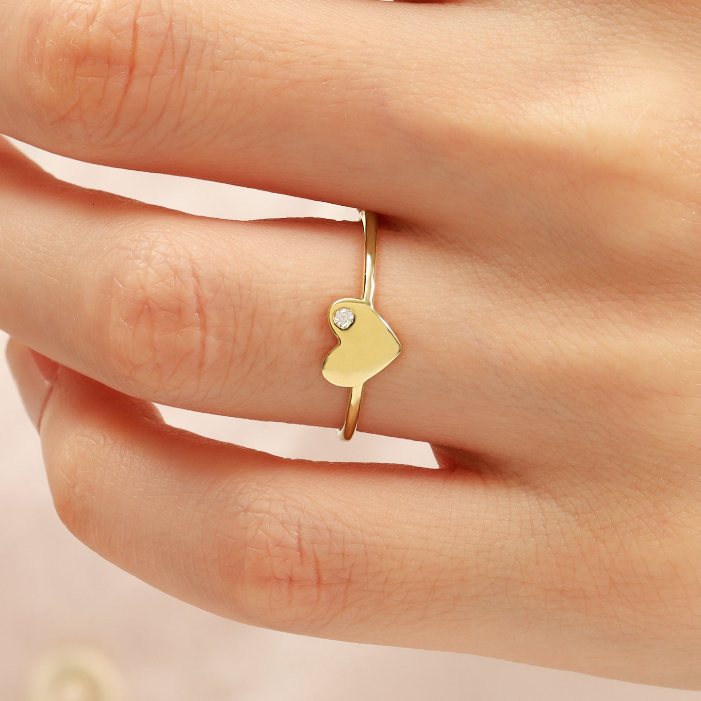 14K Gold Heart Ring With Tiny CZ – Ultra-Slim 1.2 mm Band