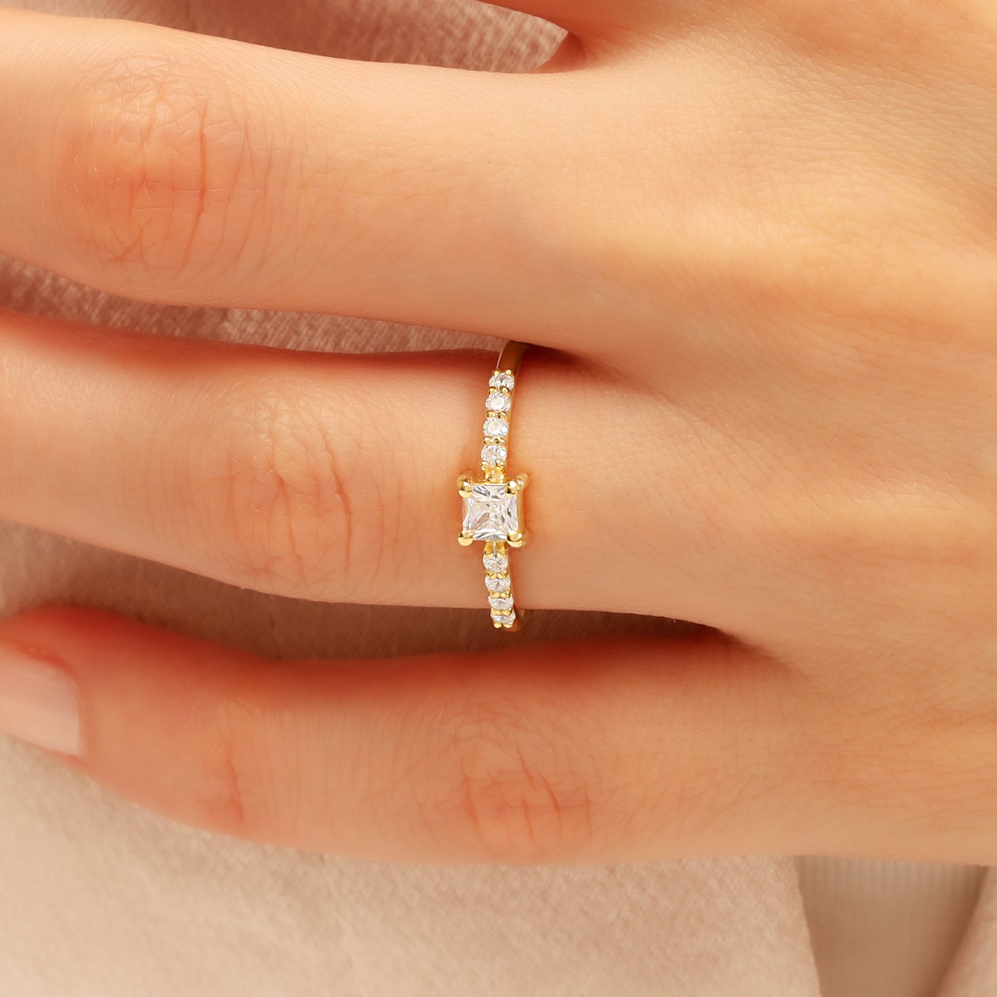 Princess-Cut Cubic Zirconia Engagement Ring in 14K Gold | Dainty 1.5 mm Band