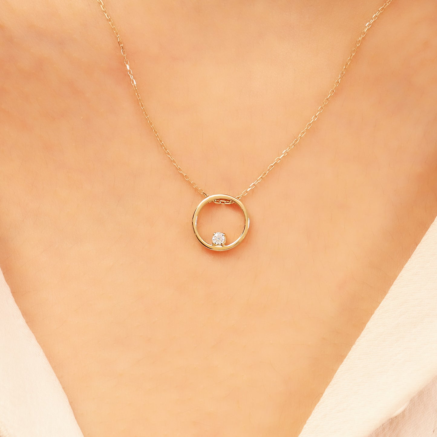 Gold Circle Necklace – 14K Solid Gold CZ Pendant