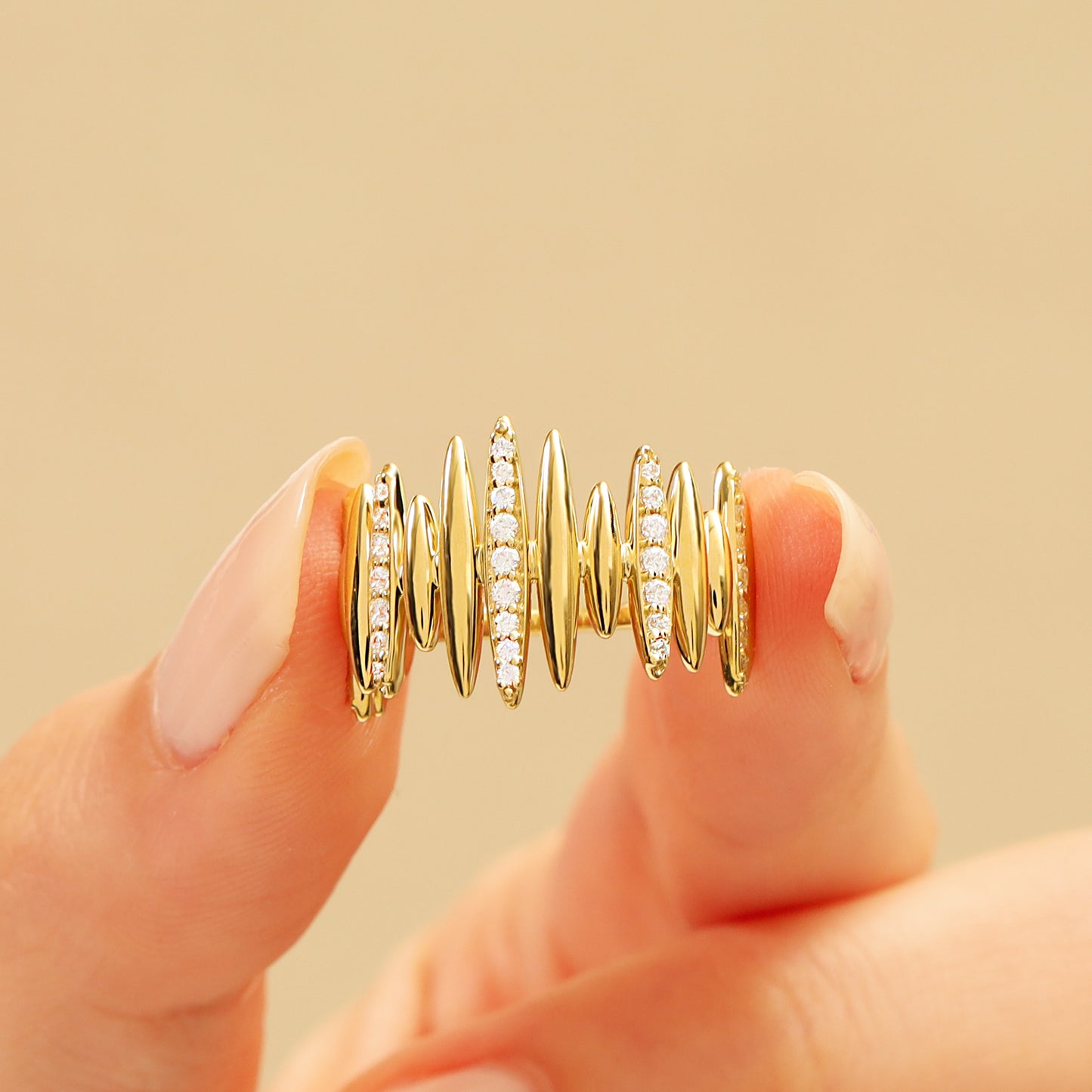 14K Gold Statement Ring – Wide Navette Band with CZ Sparkle