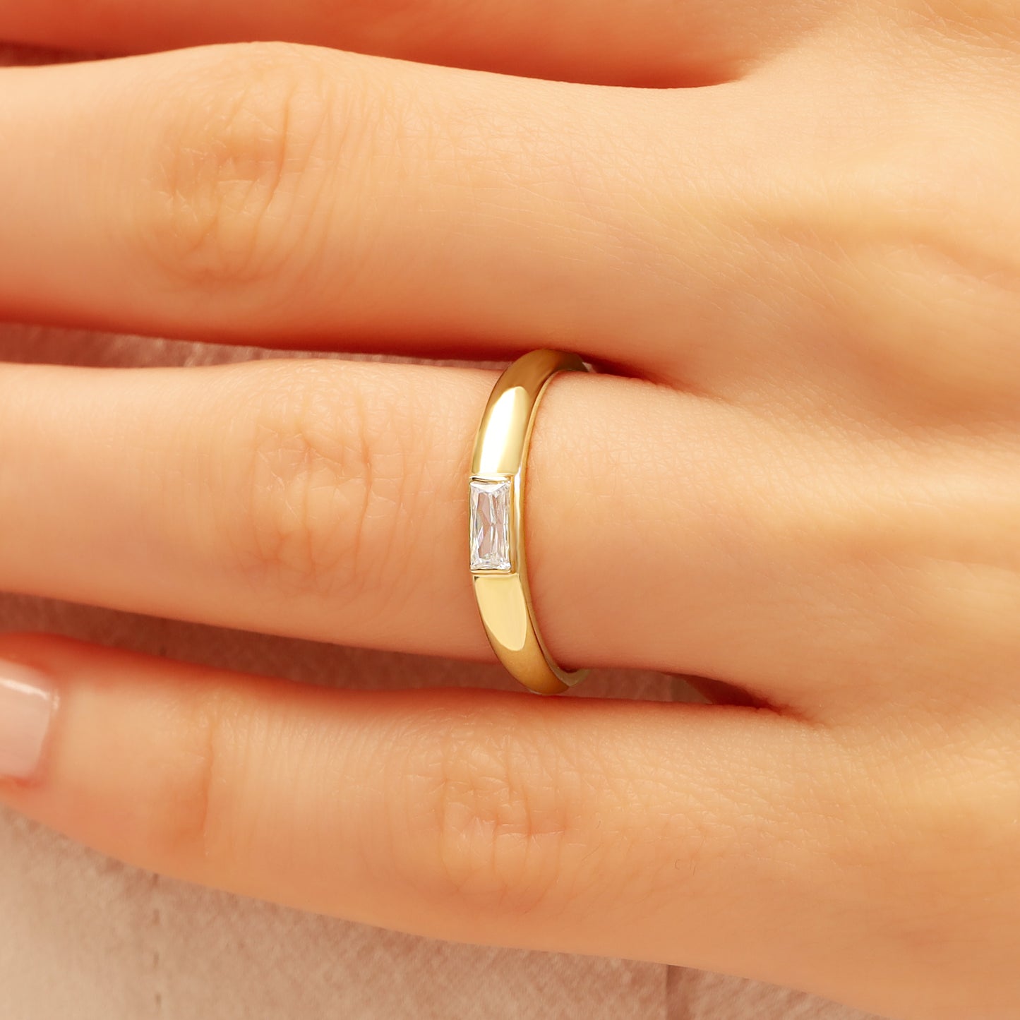 Baguette Solitaire CZ Ring in 14K Gold – Dainty Art-Deco Sparkle