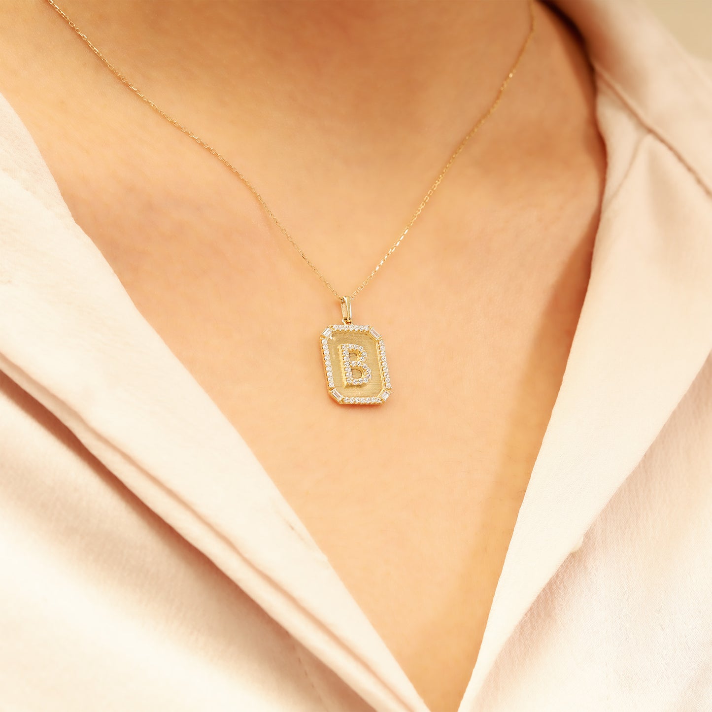 Gold Initial Pendant Necklace – 14K “B” Pavé CZ Frame