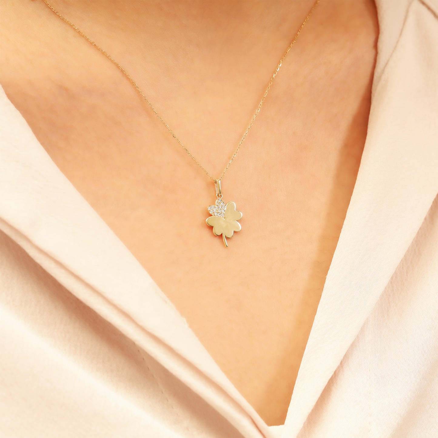 14K Gold Clover Necklace – Lucky CZ Pendant, Adjustable Chain