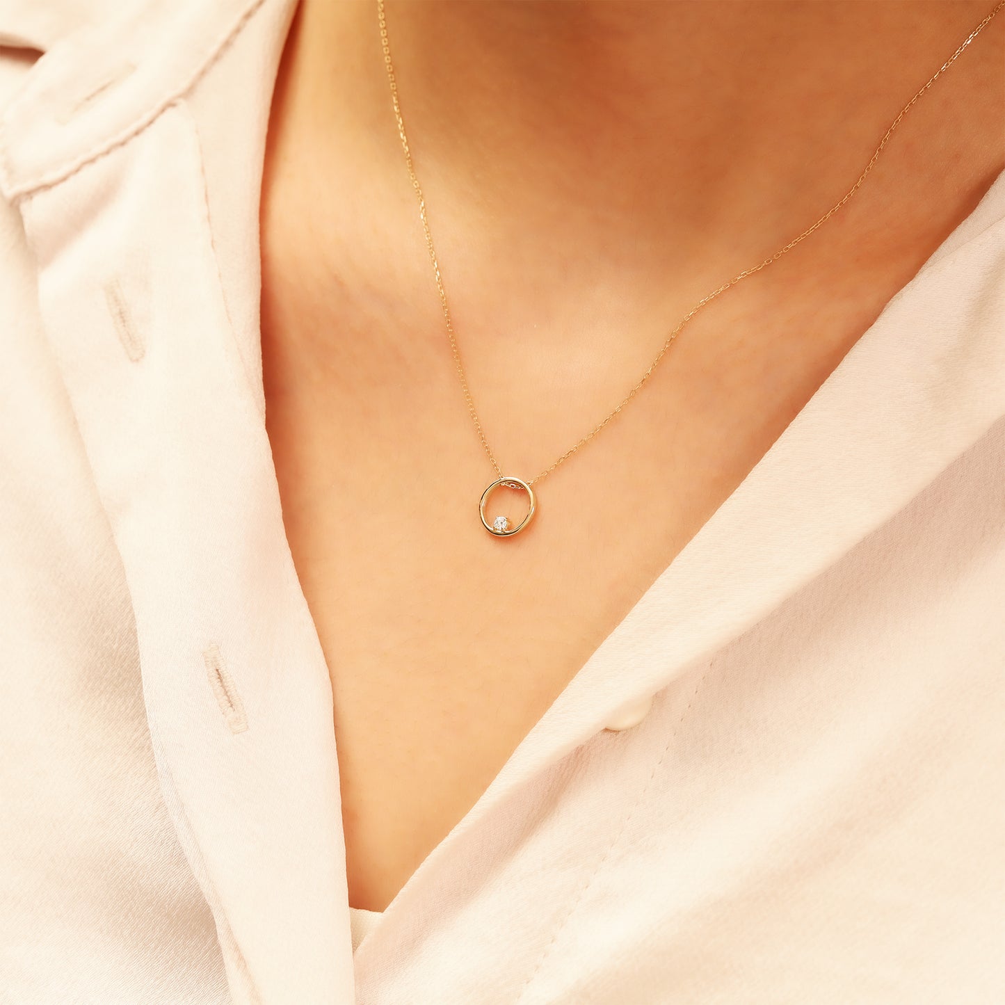 Gold Circle Necklace – 14K Solid Gold CZ Pendant