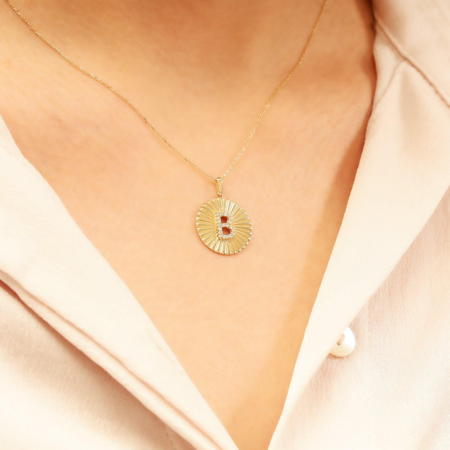 Gold Initial Necklace – 14K Sunburst Medallion Pendant