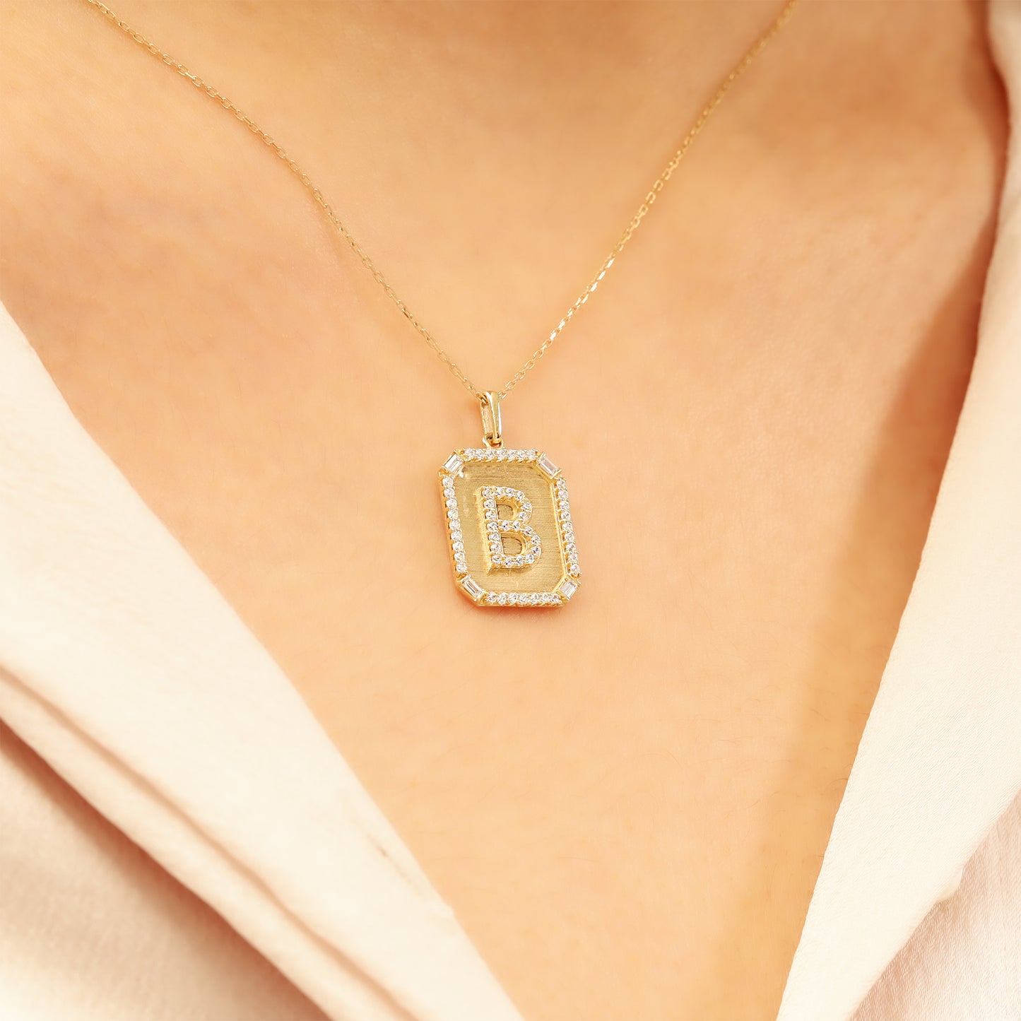 Gold Initial Pendant Necklace – 14K “B” Pavé CZ Frame