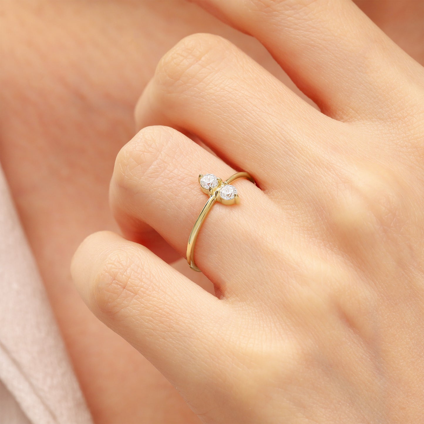14K Minimalist Double Zircon Stone Gold Ring