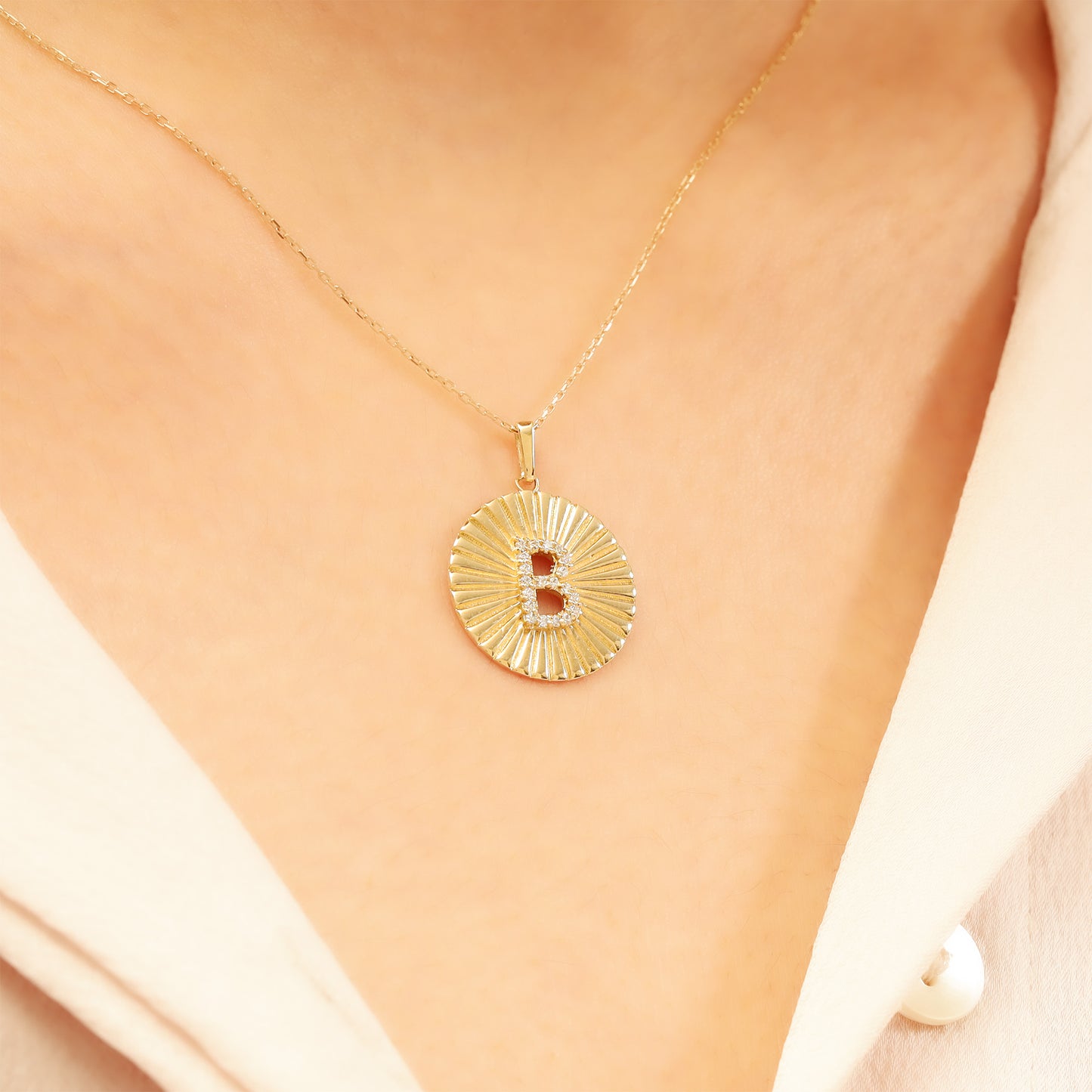 Gold Initial Necklace – 14K Sunburst Medallion Pendant