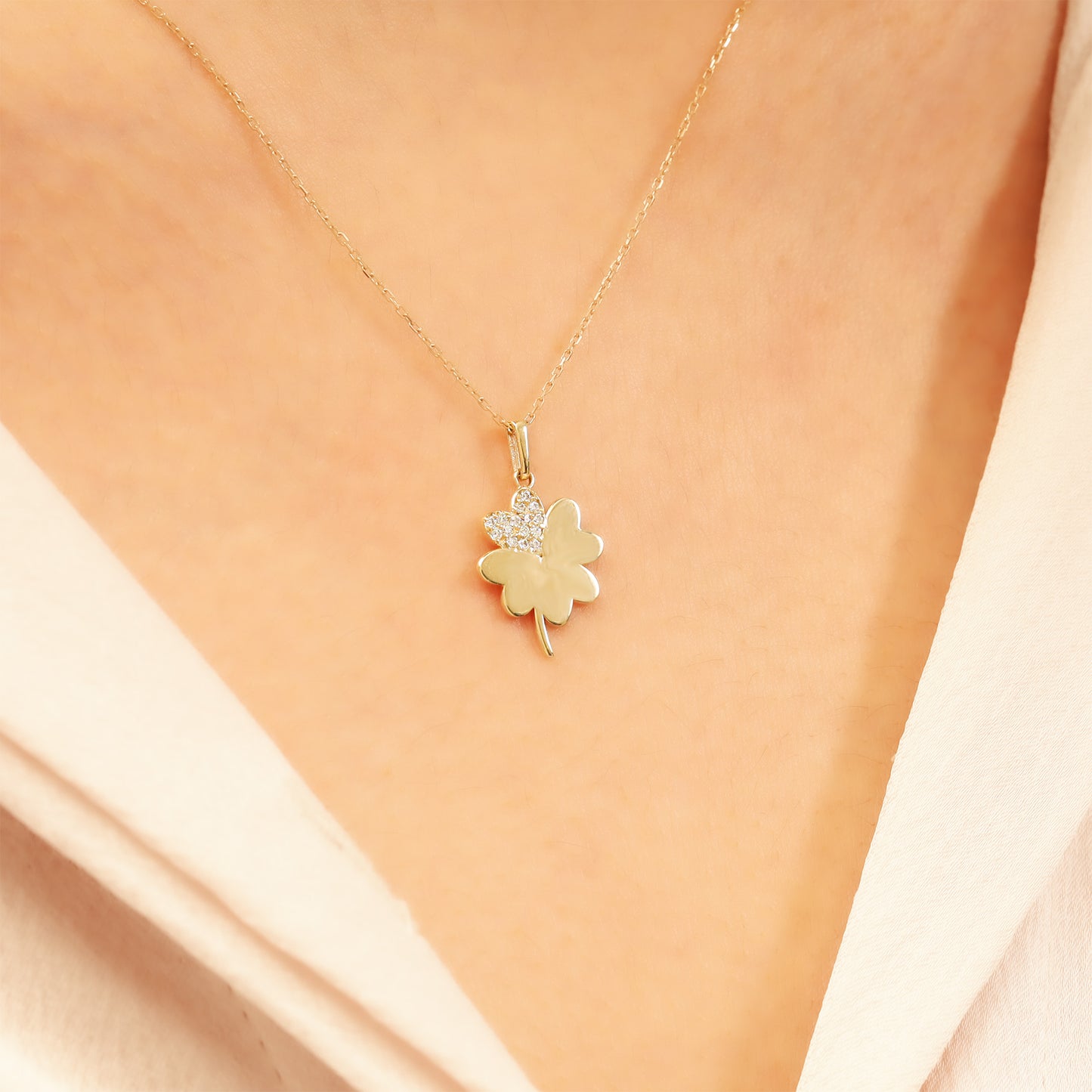 14K Gold Clover Necklace – Lucky CZ Pendant, Adjustable Chain