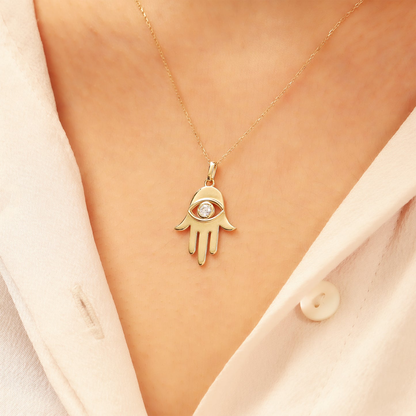 14K Gold Hamsa Necklace – Dainty CZ Pendant