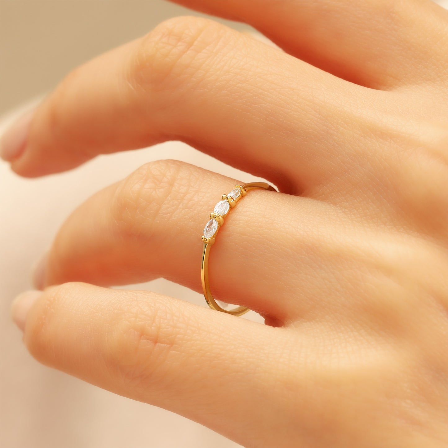 14K Gold Marquise Stacking Ring – Triple CZ Sparkle