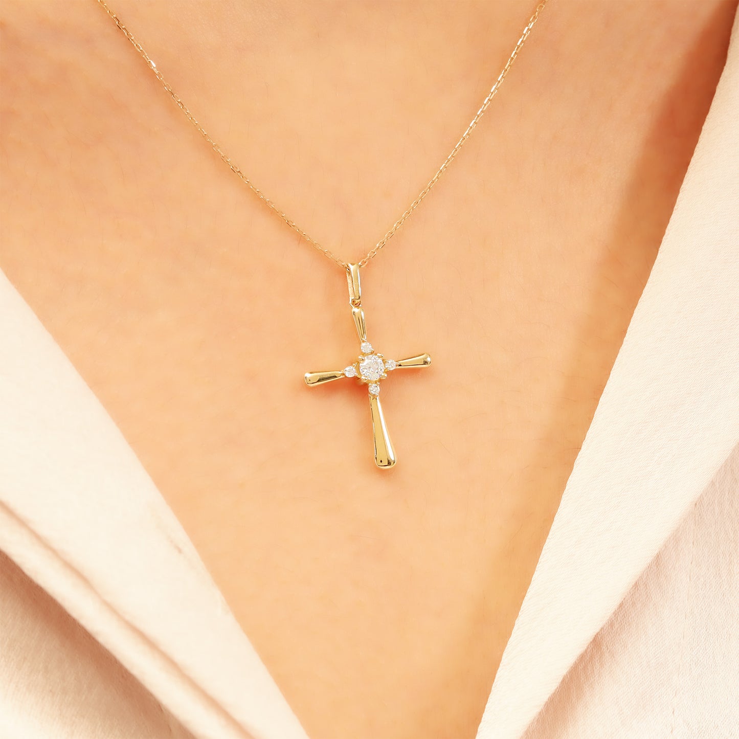 14k Gold Cross Necklace – Dainty CZ Faith Pendant