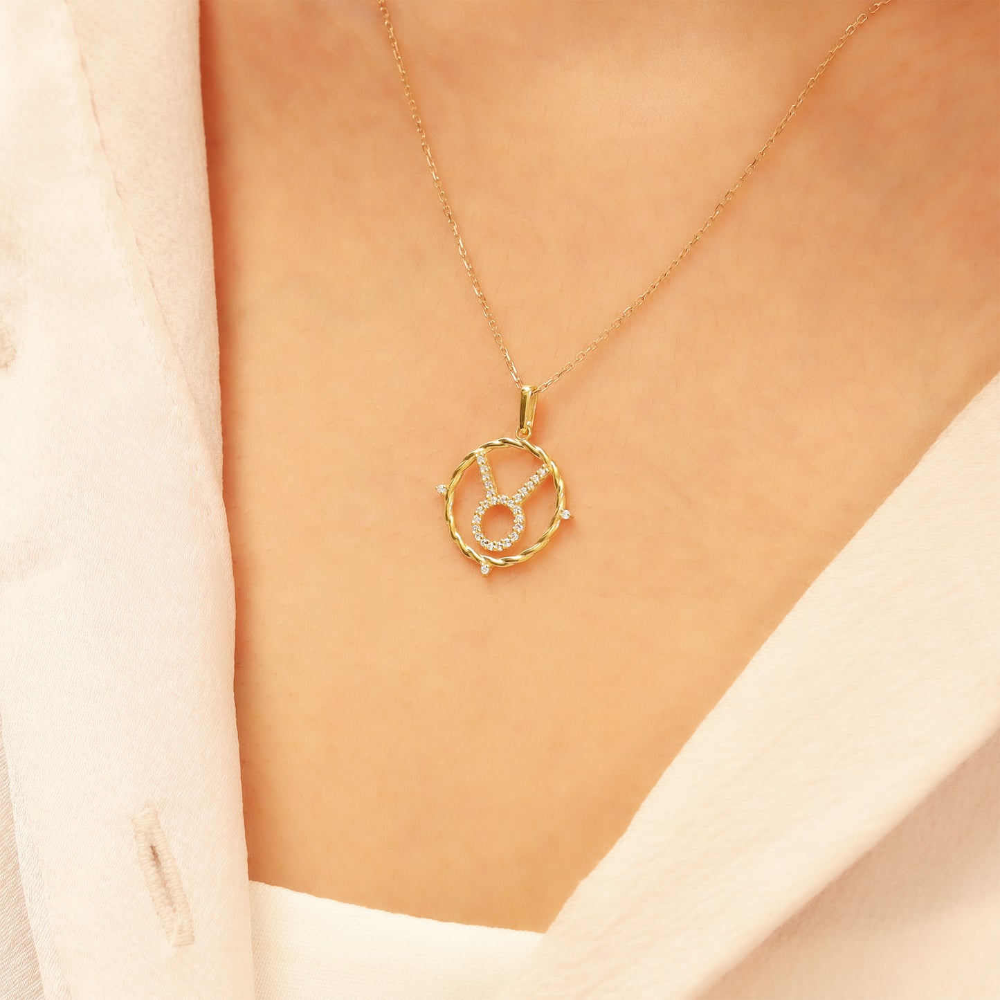 14k Gold Taurus Necklace – CZ Zodiac Pendant, Adjustable Chain
