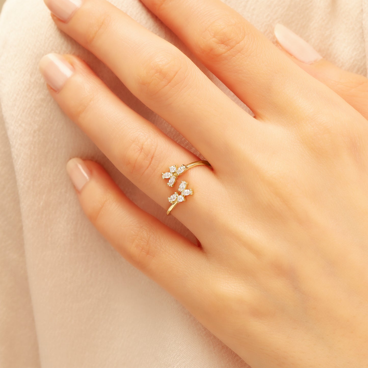 14K Gold Bypass Ring – Marquise CZ Flower Open Band