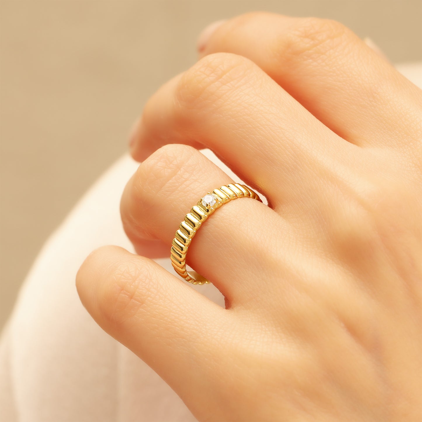 14K Textured Gold Band Ring with Center Stone