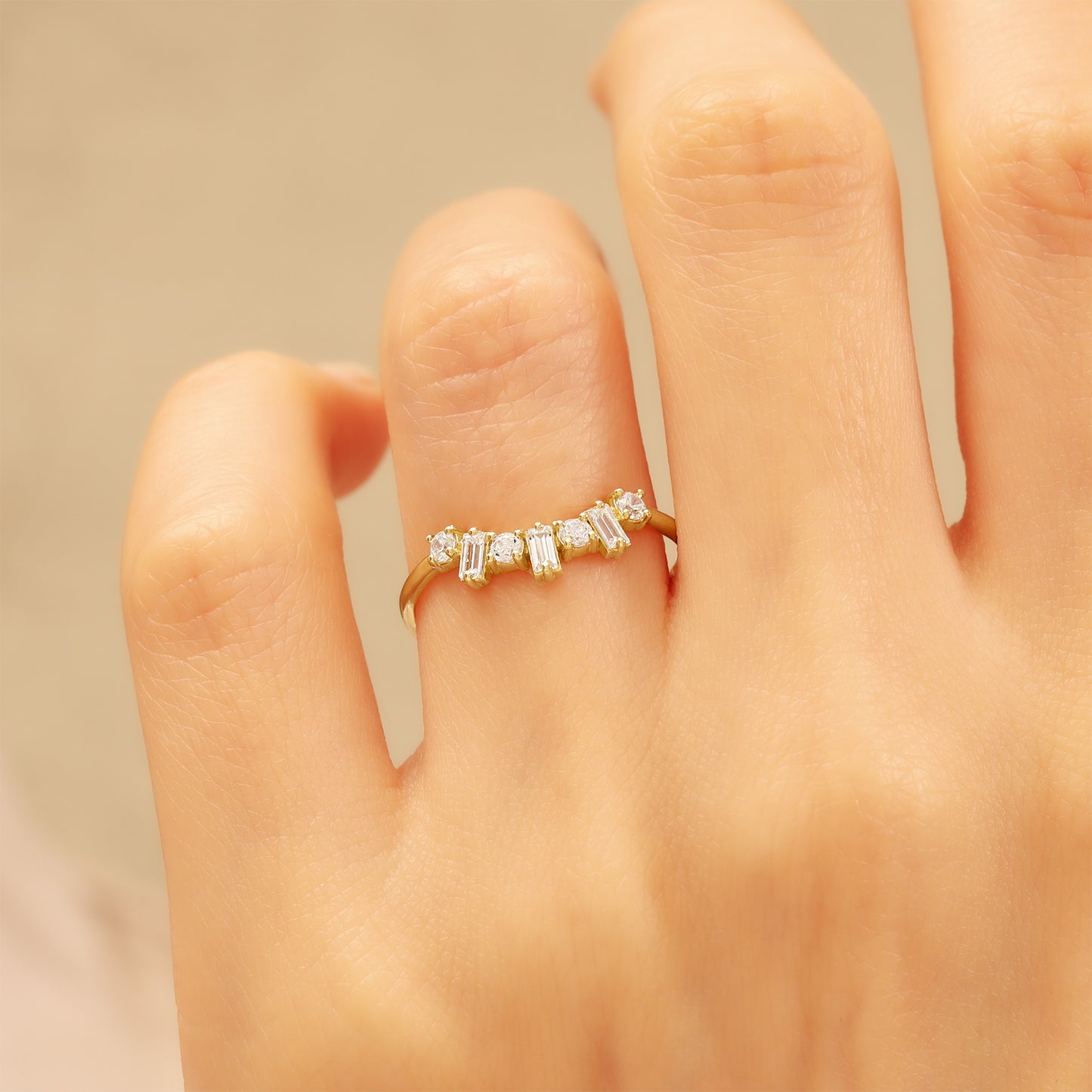 Baguette & Round Zircon 14K Gold Ring