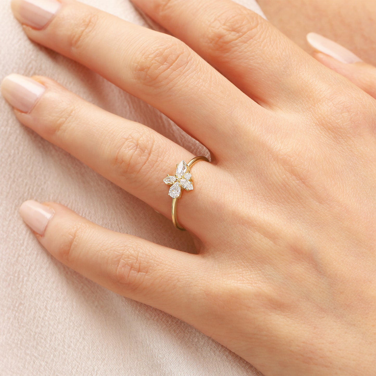 14K Gold Flower Ring – Dainty Marquise-CZ Cluster Band