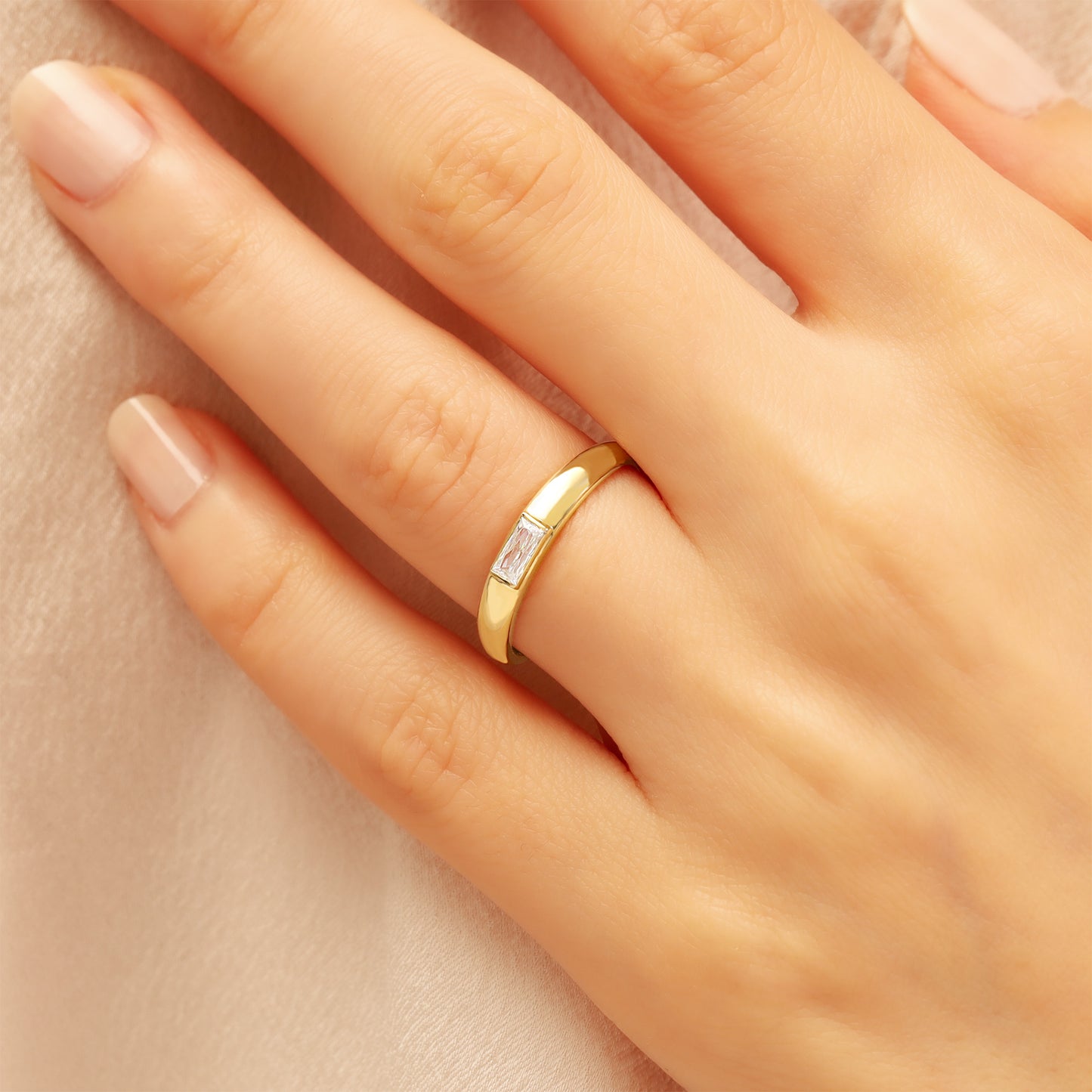 Baguette Solitaire CZ Ring in 14K Gold – Dainty Art-Deco Sparkle
