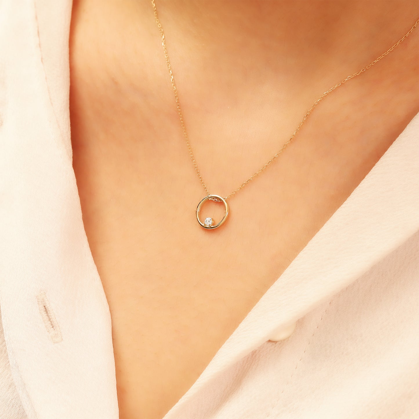 Gold Circle Necklace – 14K Solid Gold CZ Pendant