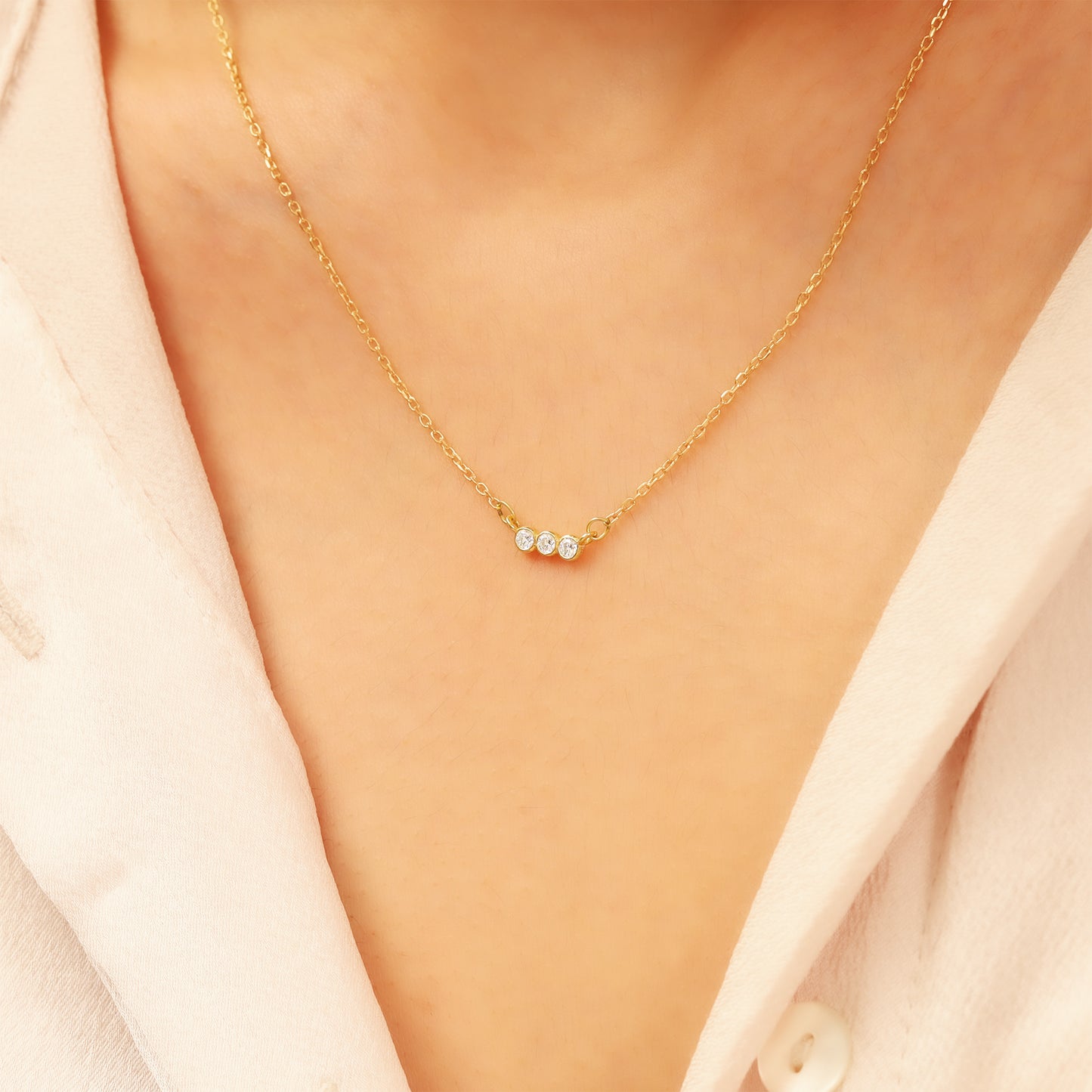 14k Gold Bar Necklace – Dainty 3-Stone CZ Sparkle