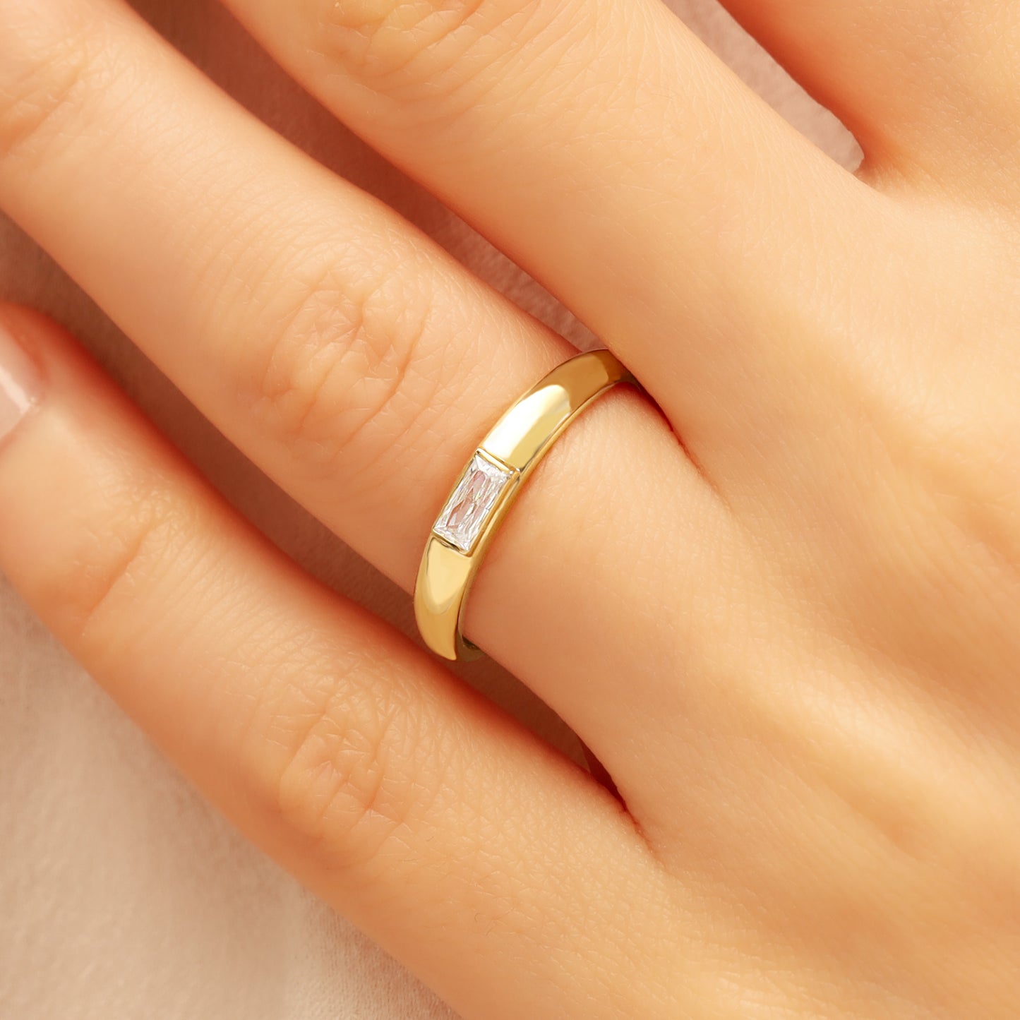 Baguette Solitaire CZ Ring in 14K Gold – Dainty Art-Deco Sparkle