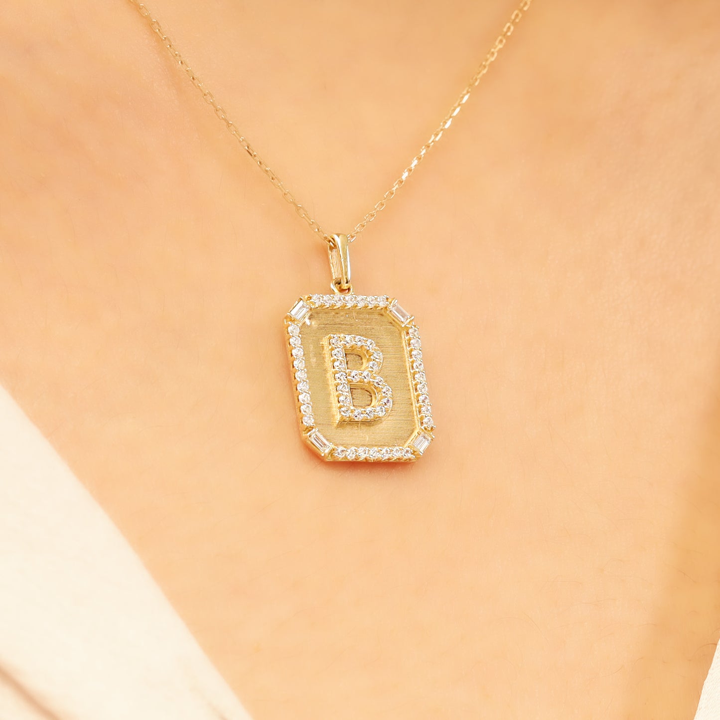 Gold Initial Pendant Necklace – 14K “B” Pavé CZ Frame
