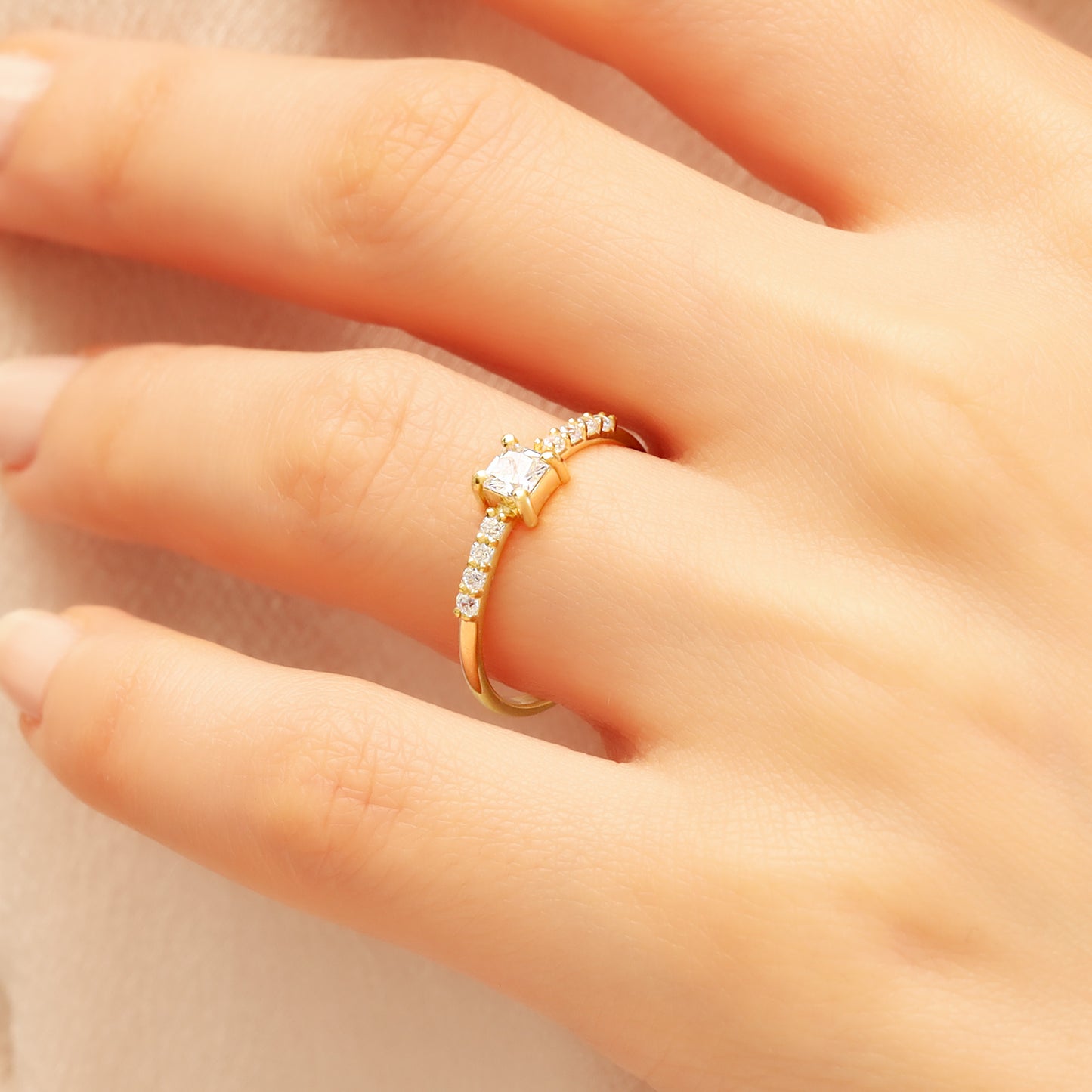 Princess-Cut Cubic Zirconia Engagement Ring in 14K Gold | Dainty 1.5 mm Band