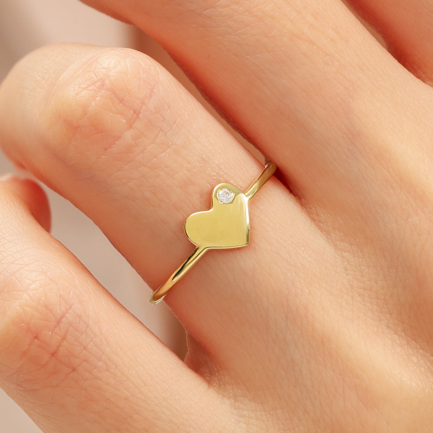 14K Gold Heart Ring With Tiny CZ – Ultra-Slim 1.2 mm Band