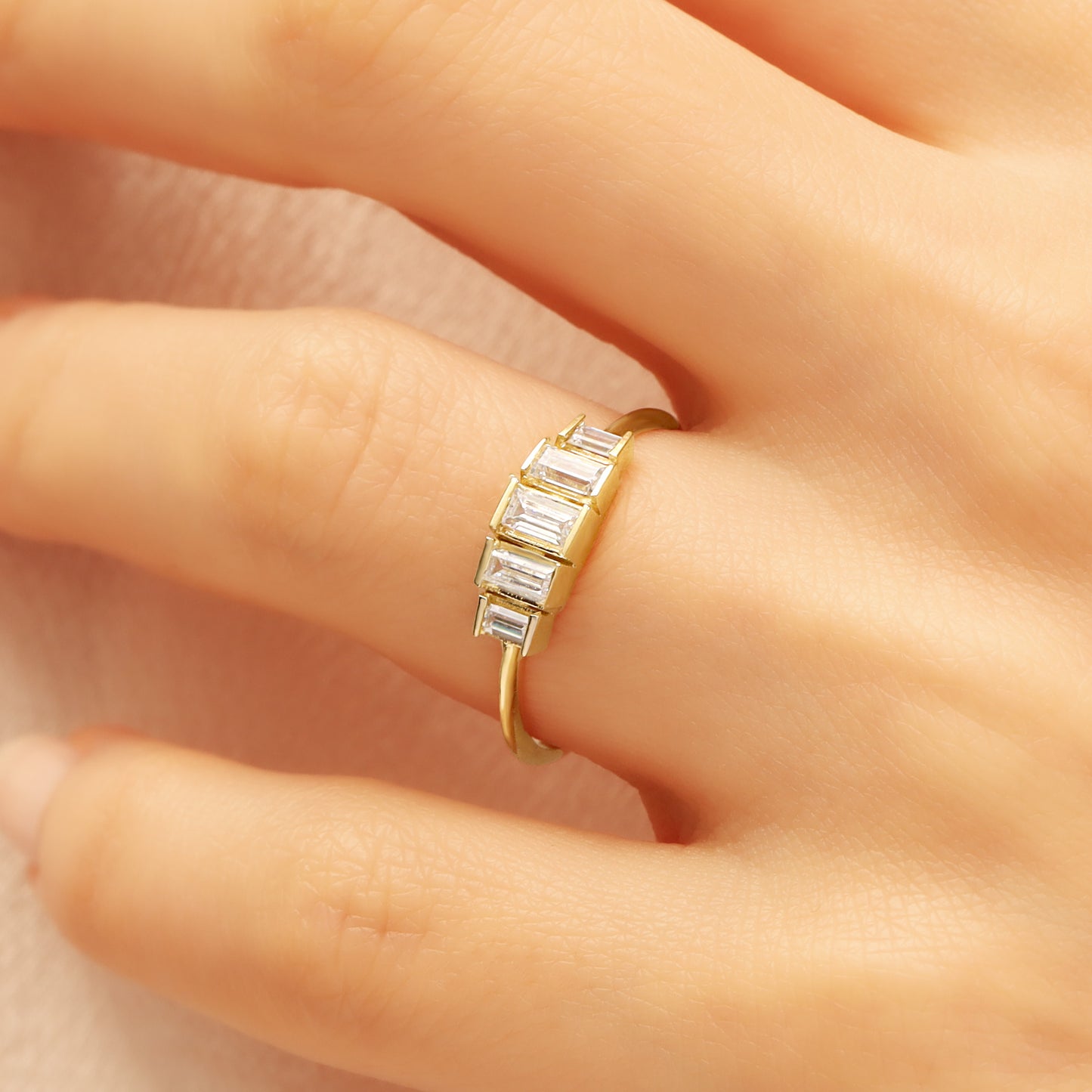 14K Baguette Zircon Solid Gold Stacking Ring