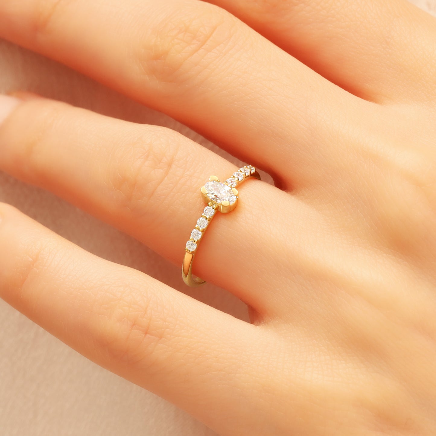 Oval CZ Engagement Ring 14K Gold | Slim 1.5 mm Band