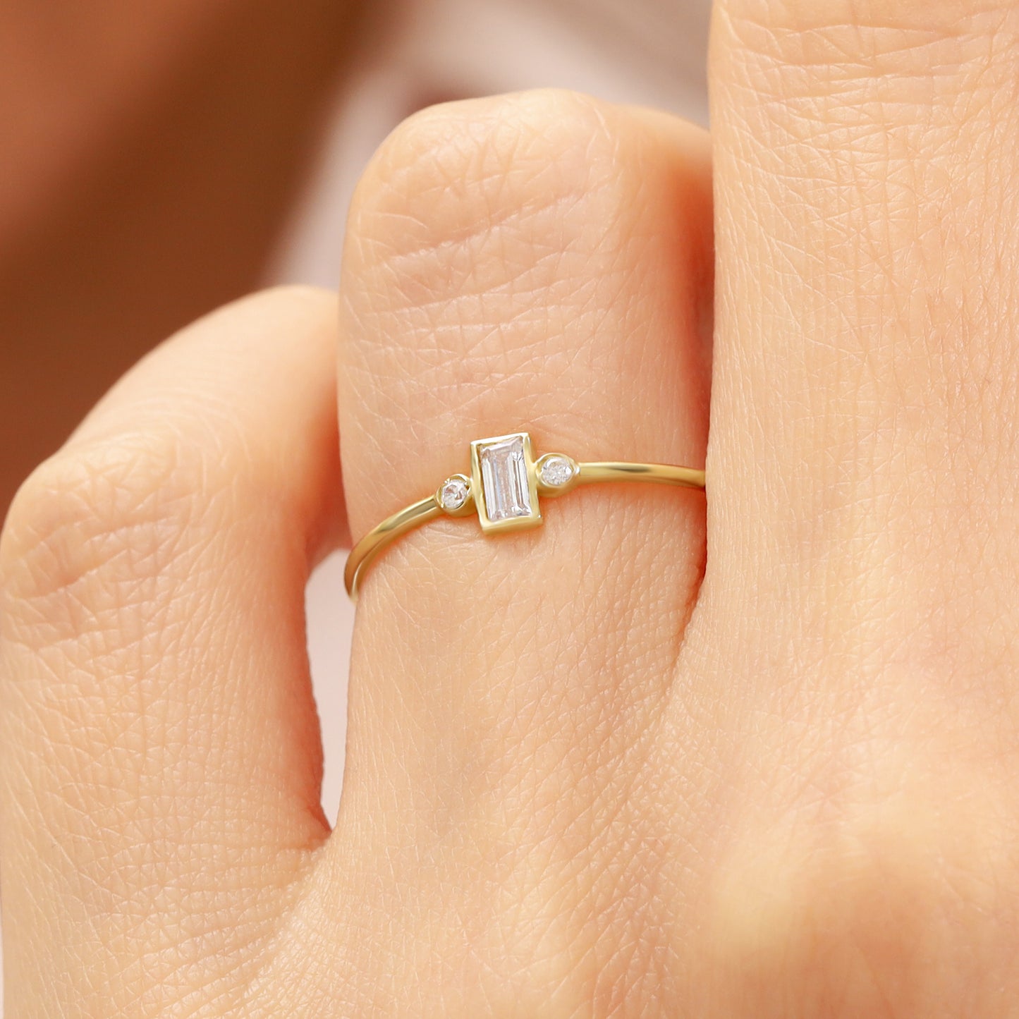 14K Minimalist Baguette Zircon Solid Gold Ring