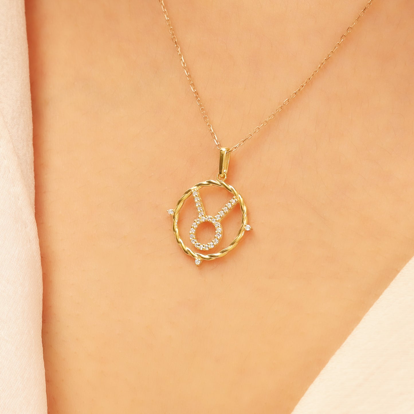 14k Gold Taurus Necklace – CZ Zodiac Pendant, Adjustable Chain