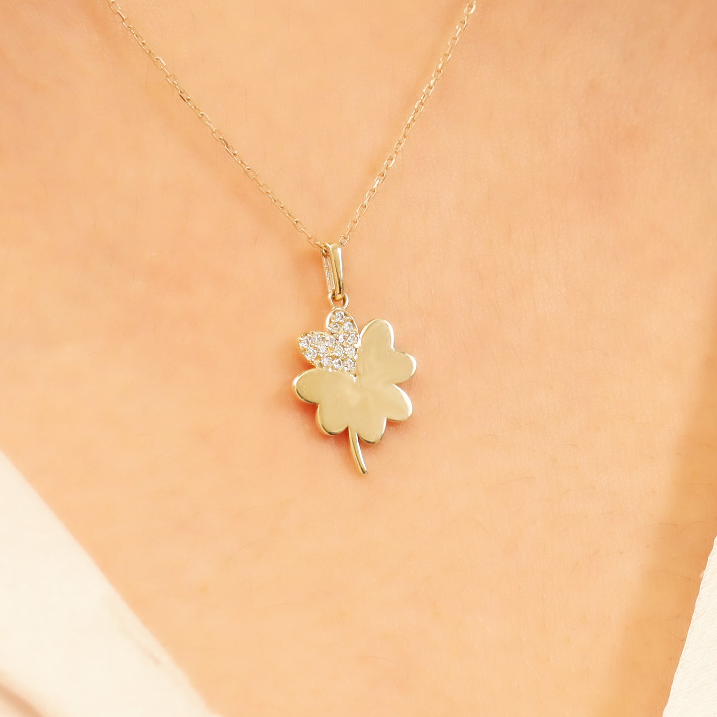 14K Gold Clover Necklace – Lucky CZ Pendant, Adjustable Chain