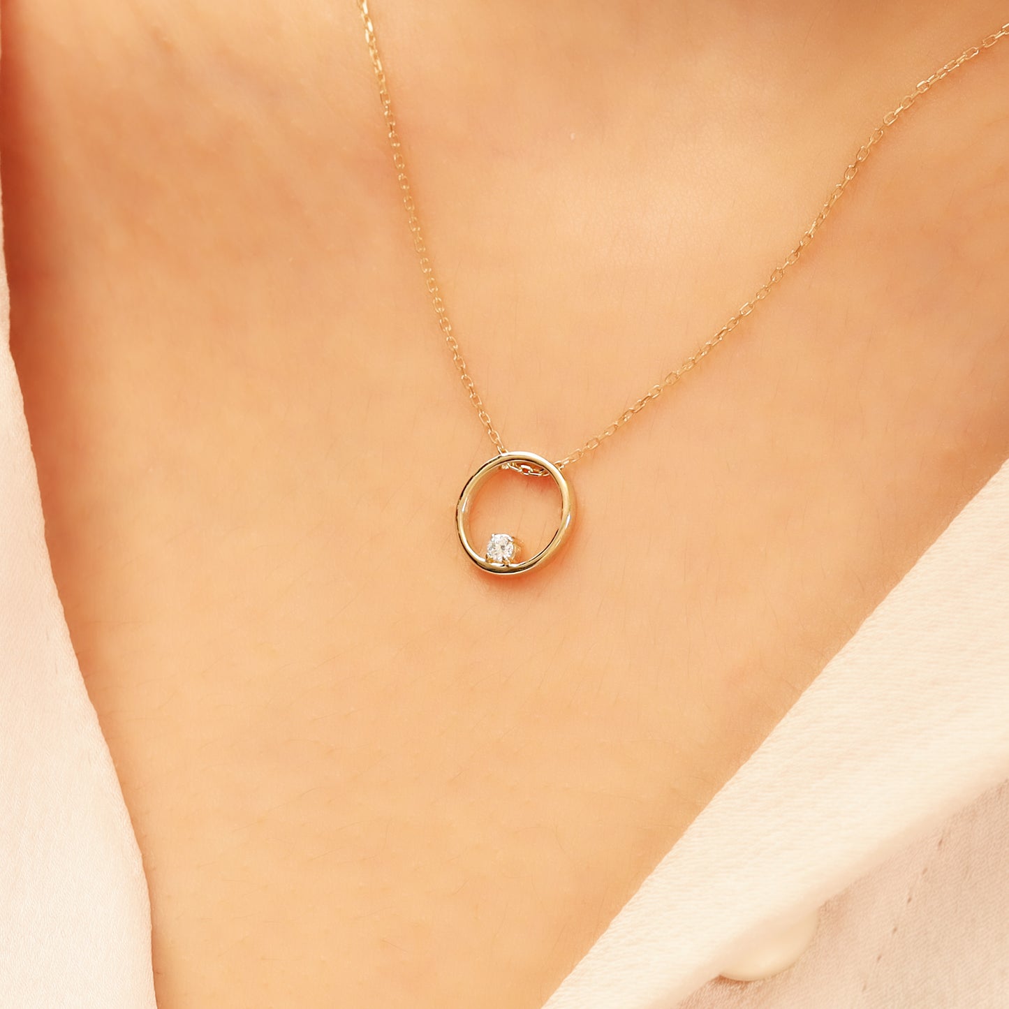 Gold Circle Necklace – 14K Solid Gold CZ Pendant