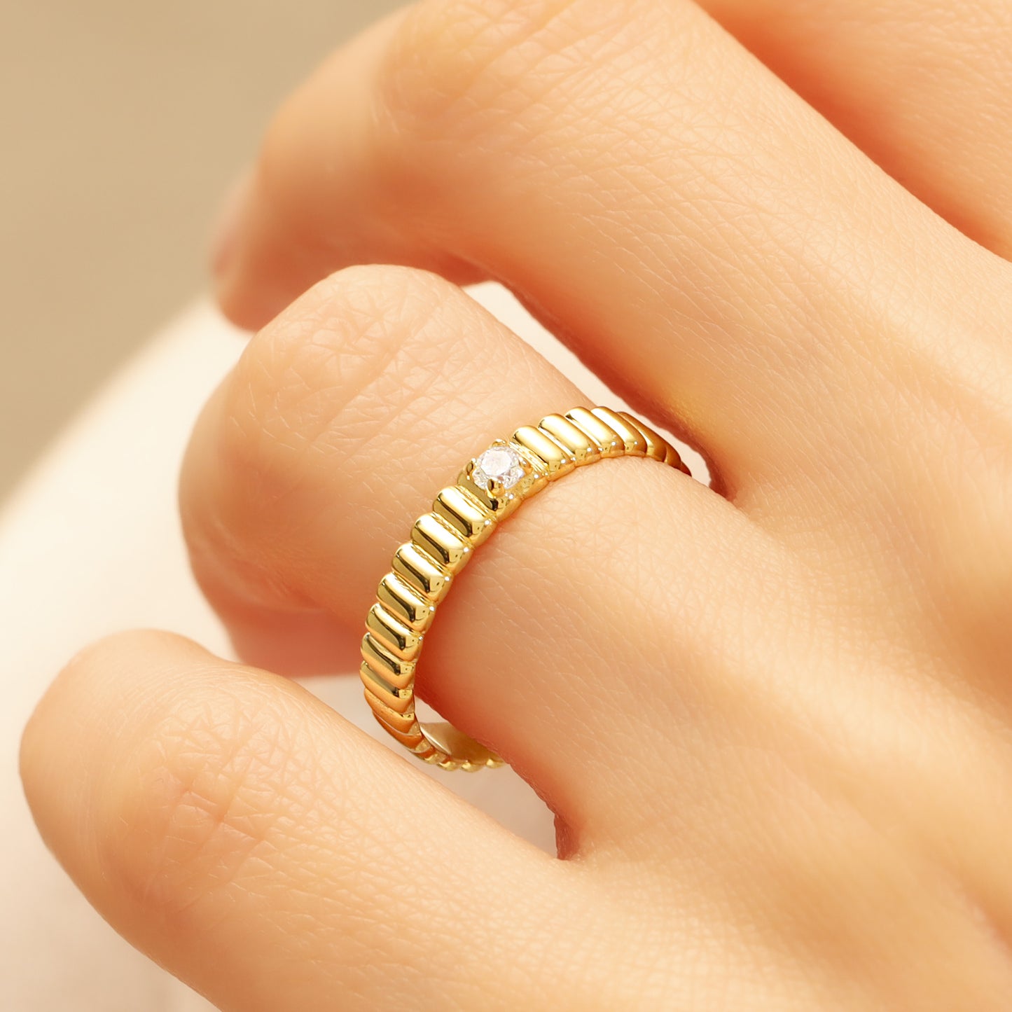 14K Textured Gold Band Ring with Center Stone