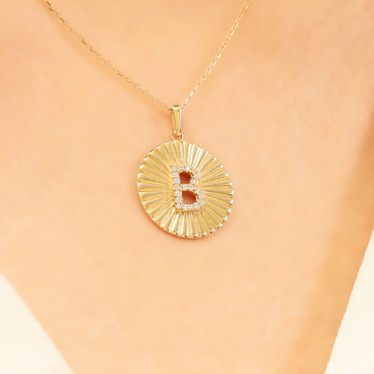 Gold Initial Necklace – 14K Sunburst Medallion Pendant