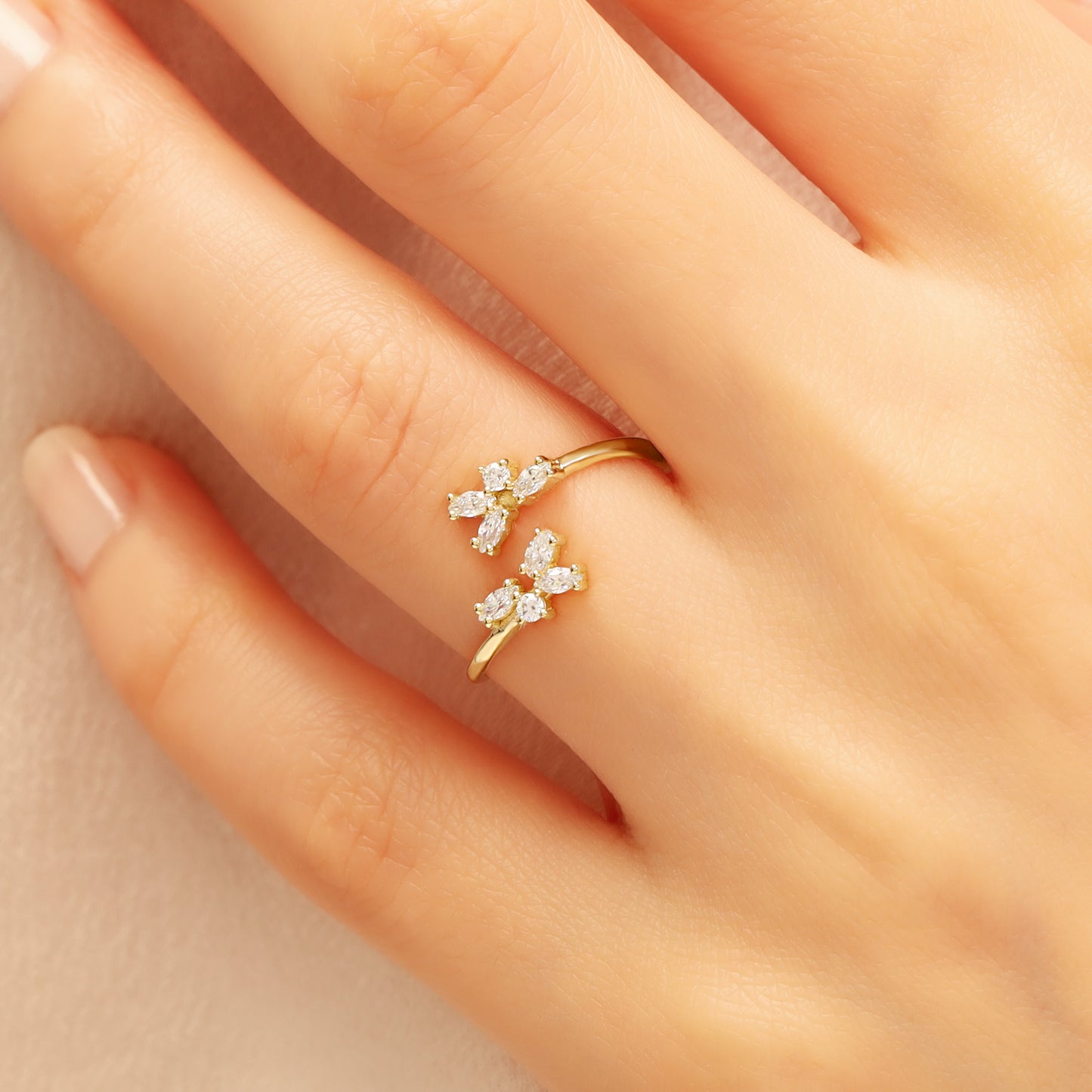 14K Gold Bypass Ring – Marquise CZ Flower Open Band