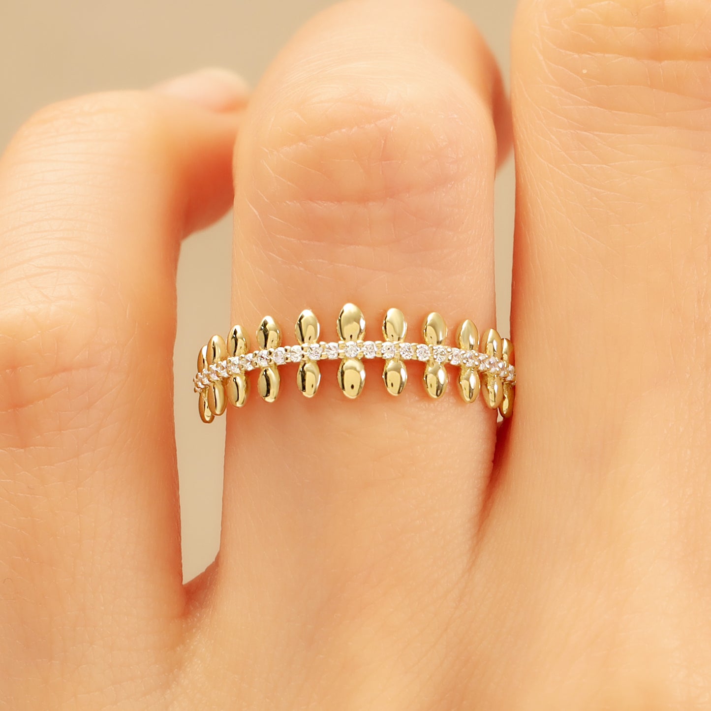 Leaf Wedding Band – 14K Gold Pavé CZ Crown Ring