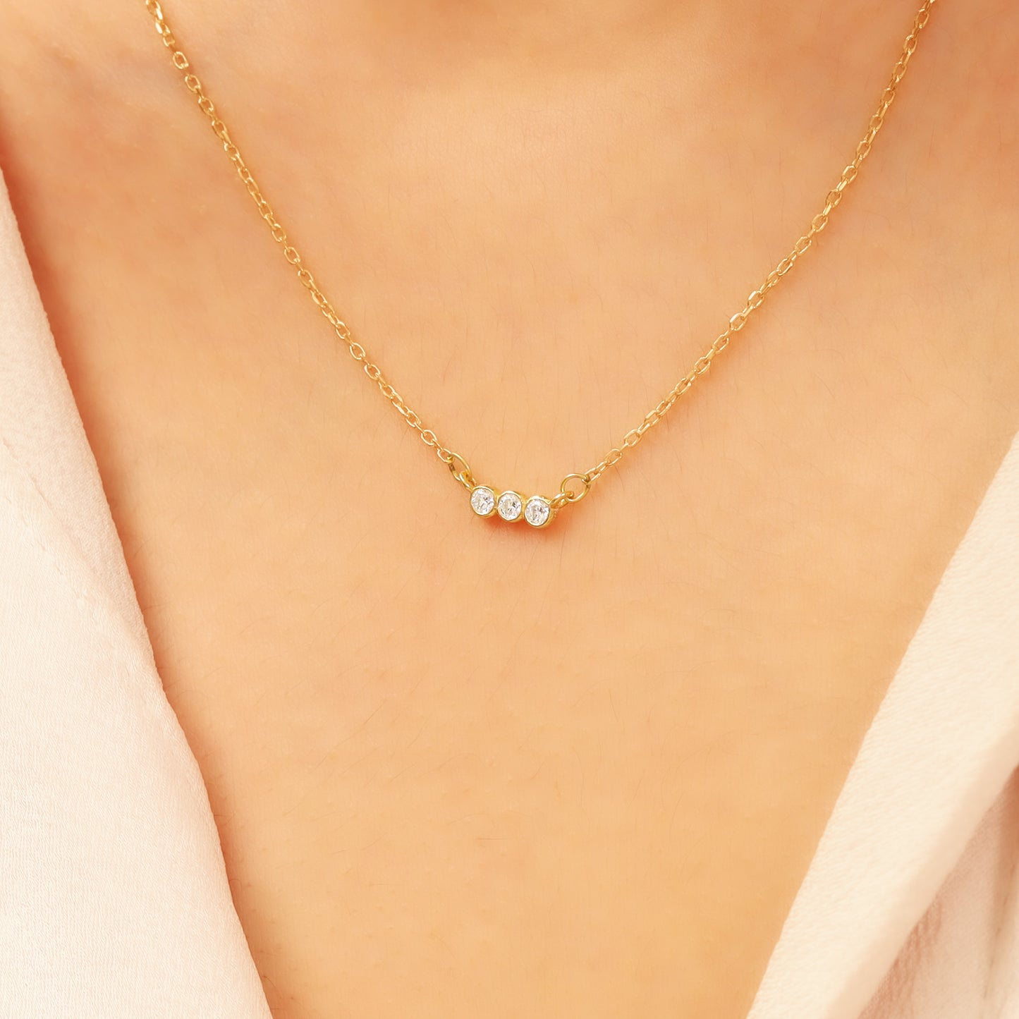 14k Gold Bar Necklace – Dainty 3-Stone CZ Sparkle