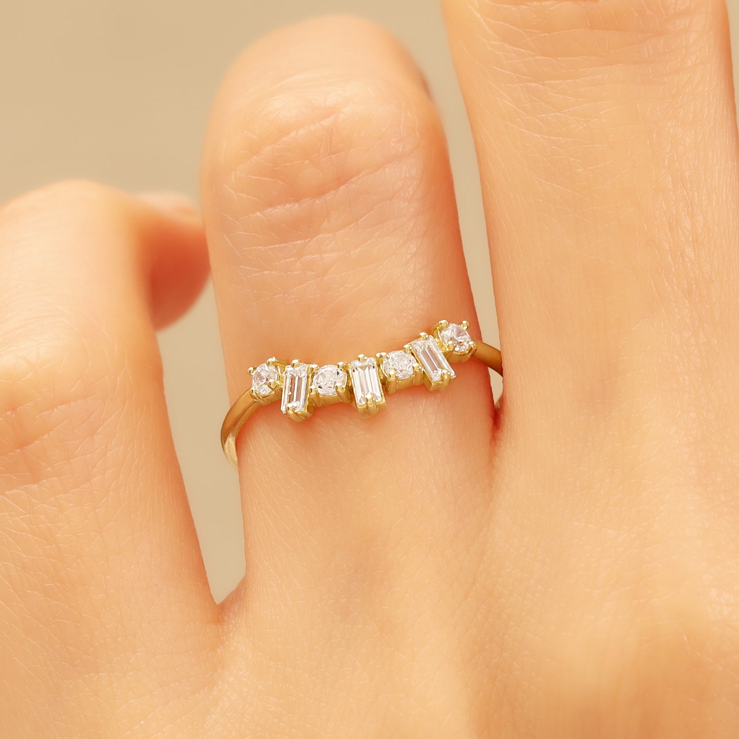 Baguette & Round Zircon 14K Gold Ring