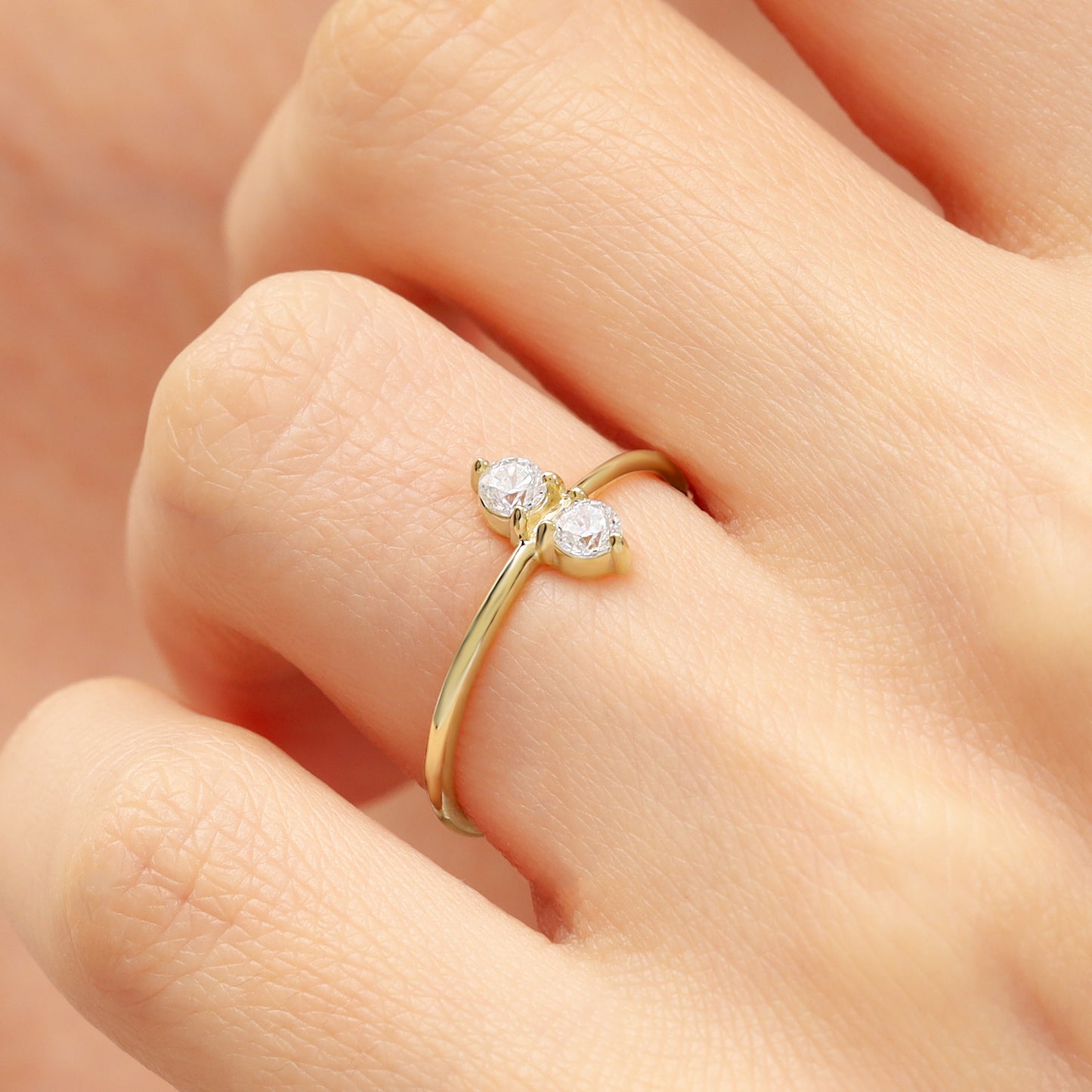 14K Minimalist Double Zircon Stone Gold Ring