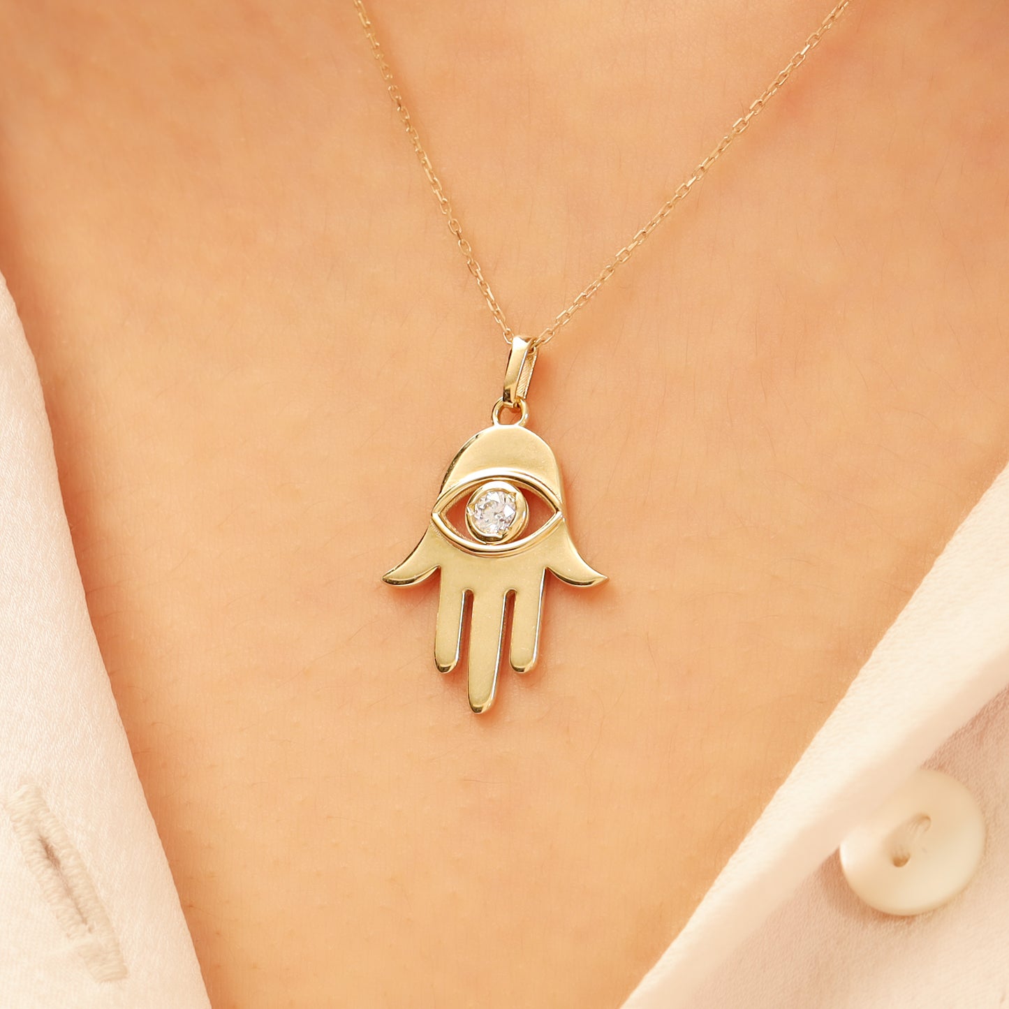 14K Gold Hamsa Necklace – Dainty CZ Pendant