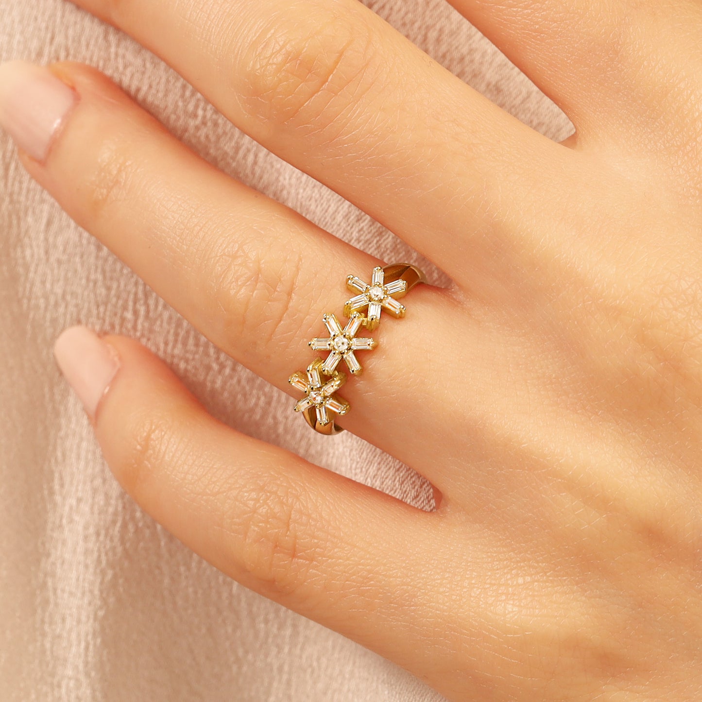 14K Floral Gold Ring with Baguette Zircon