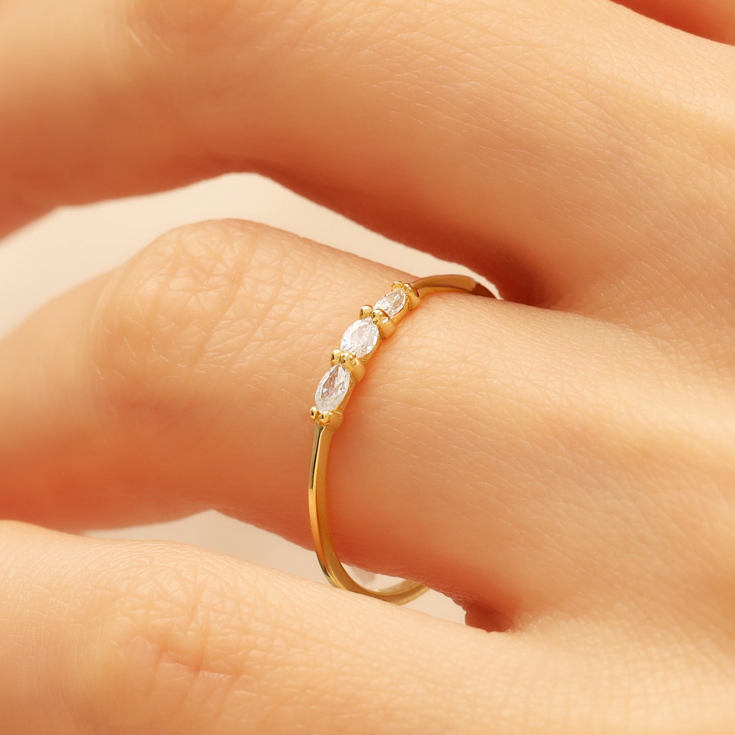 14K Gold Marquise Stacking Ring – Triple CZ Sparkle