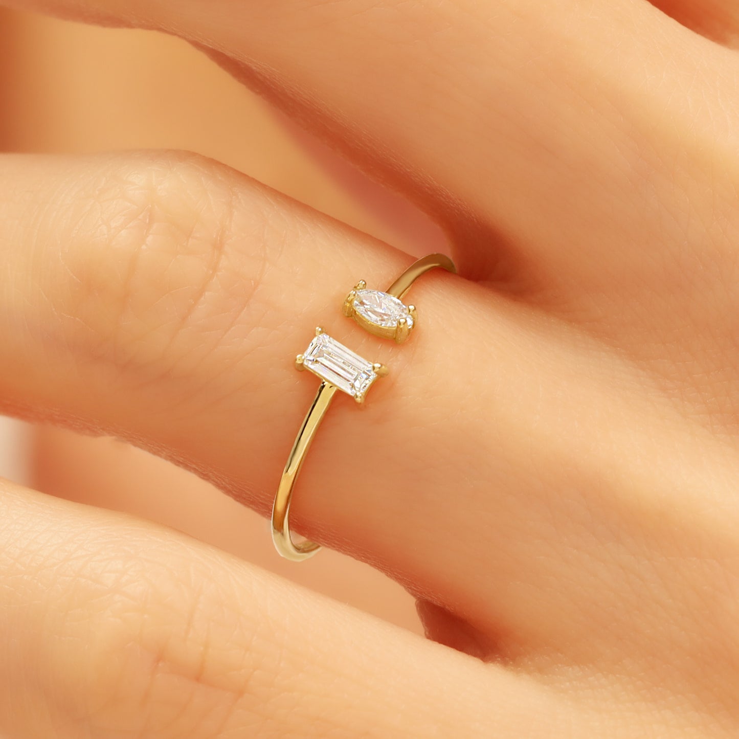 14K Solid Gold Ring with Baguette and Marquise Zircon