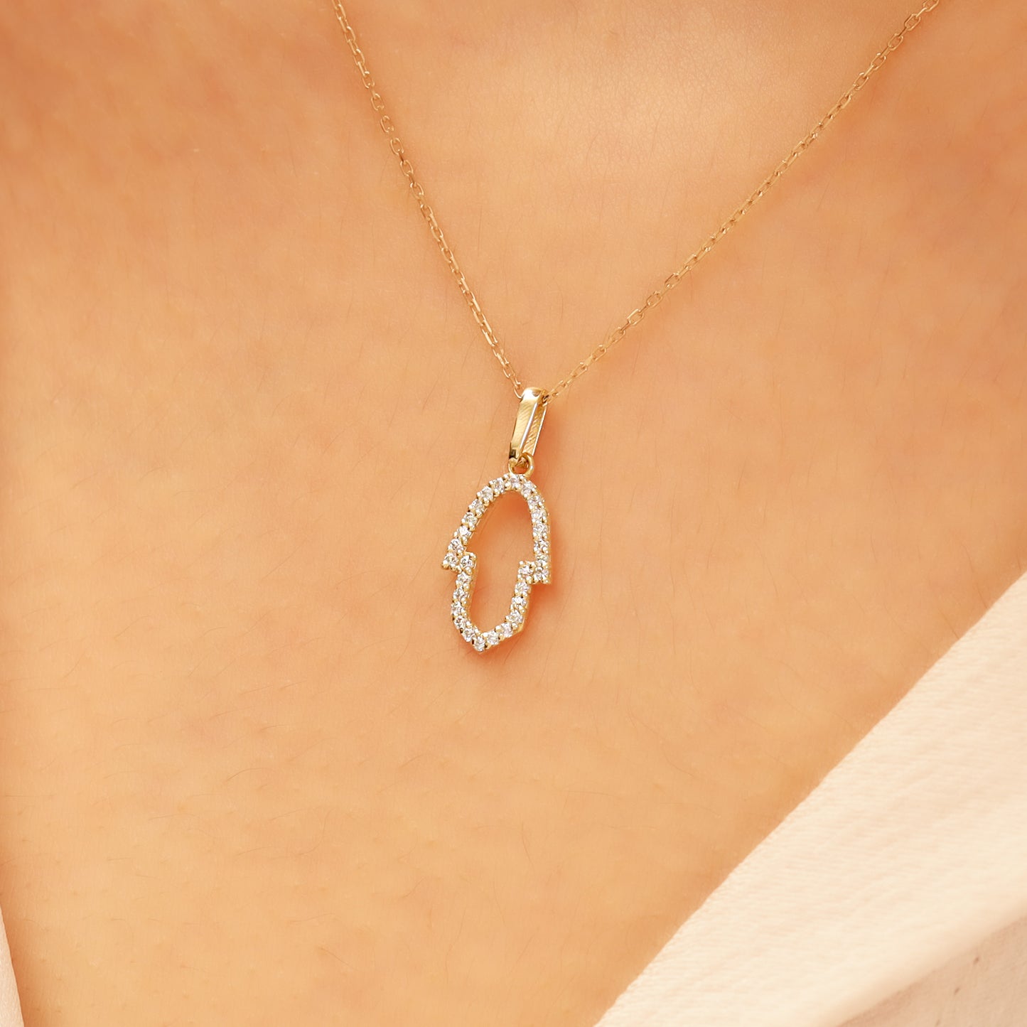 14K Gold Hamsa Necklace – Dainty CZ Outline Protection Pendant