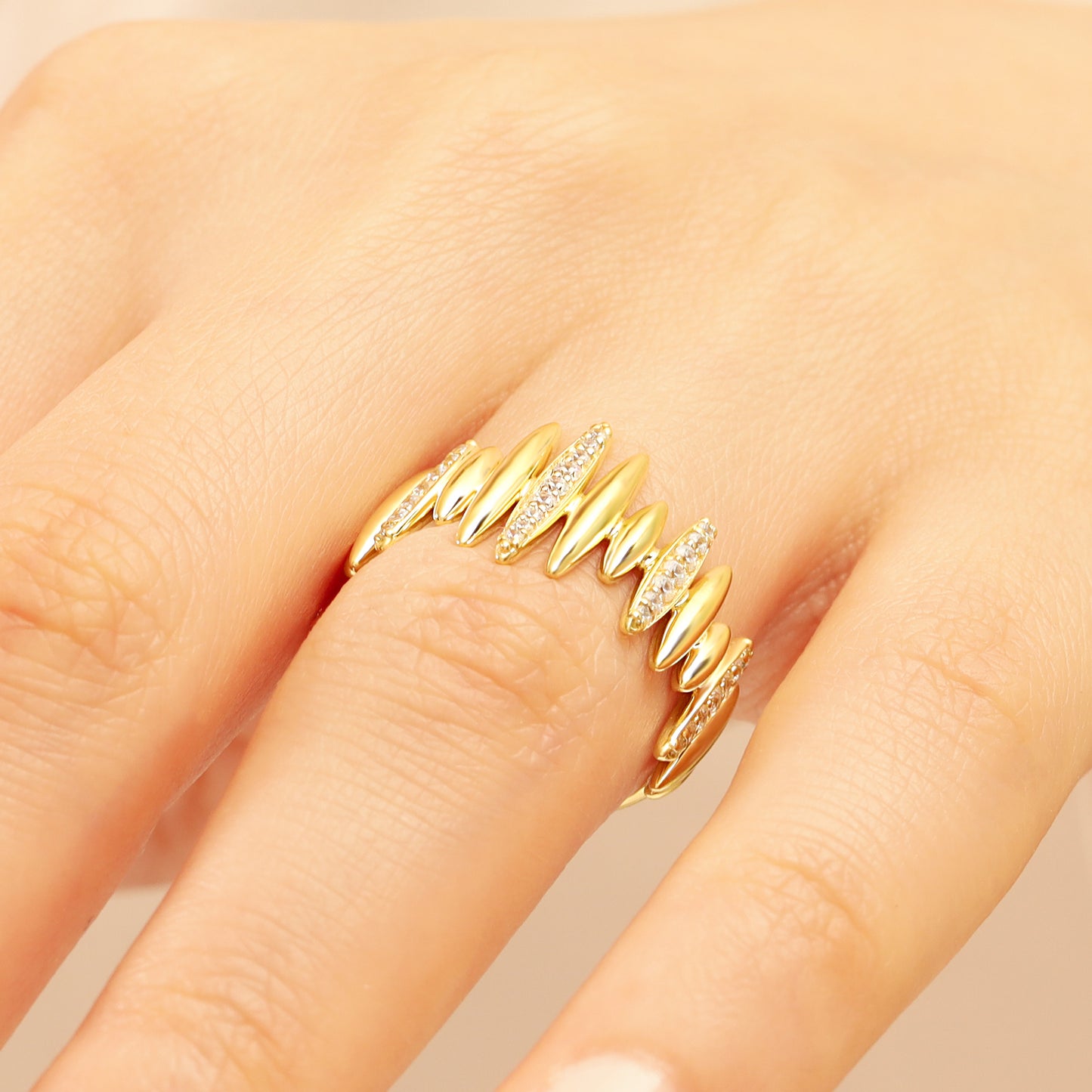 14K Gold Statement Ring – Wide Navette Band with CZ Sparkle