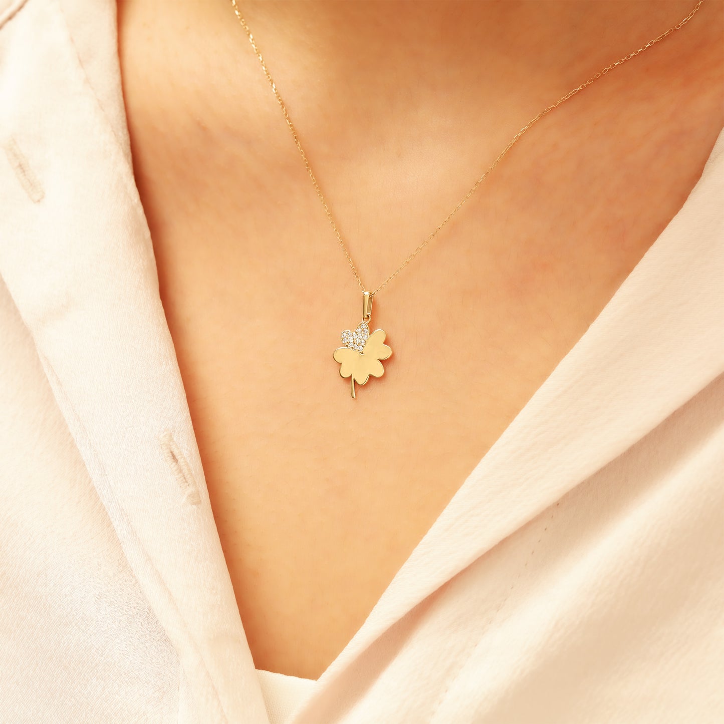 14K Gold Clover Necklace – Lucky CZ Pendant, Adjustable Chain