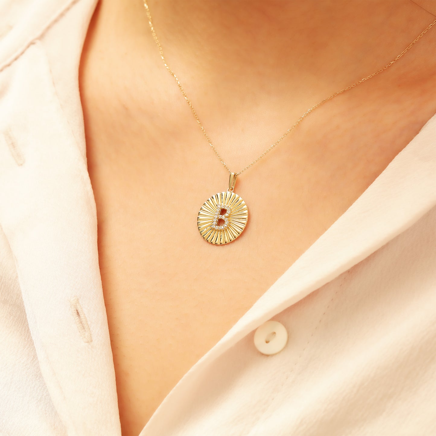 Gold Initial Necklace – 14K Sunburst Medallion Pendant