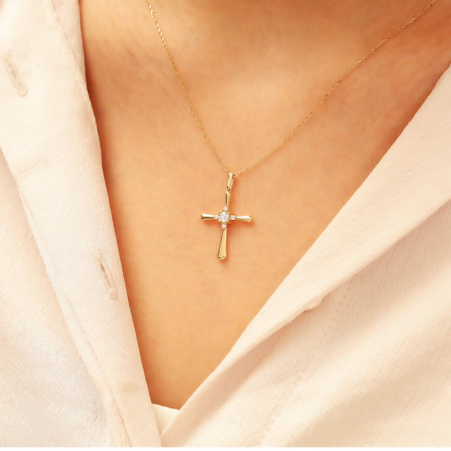 14k Gold Cross Necklace – Dainty CZ Faith Pendant